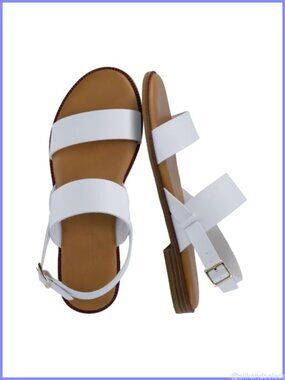 Faux Leather Two-Strap Flat Sandal Adjustable Ankle Strap Cushioned Footbed